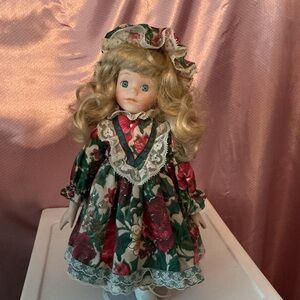 Floral Porcelain Doll with Blonde Hair